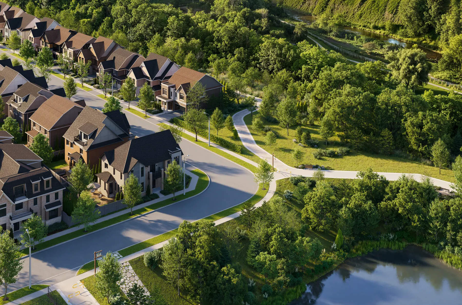 Artist's concept: pond and pathway aerial at Five Oaks