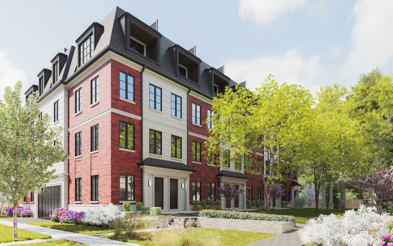 Kerr Village Towns streetscape rendering — brick and limestone executive townhomes with mansard roofs