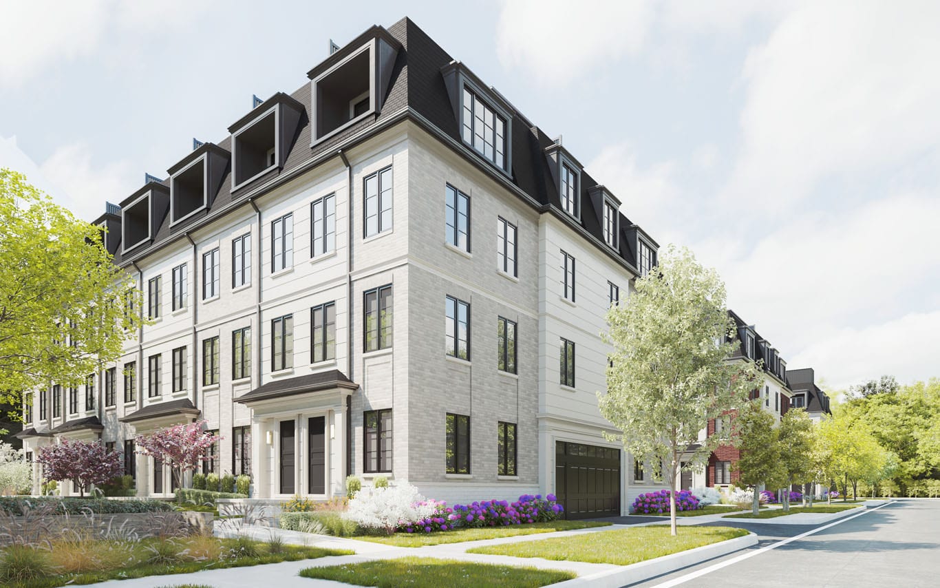 Kerr Village Towns Block B perspective rendering — three-storey brick townhomes with dormers