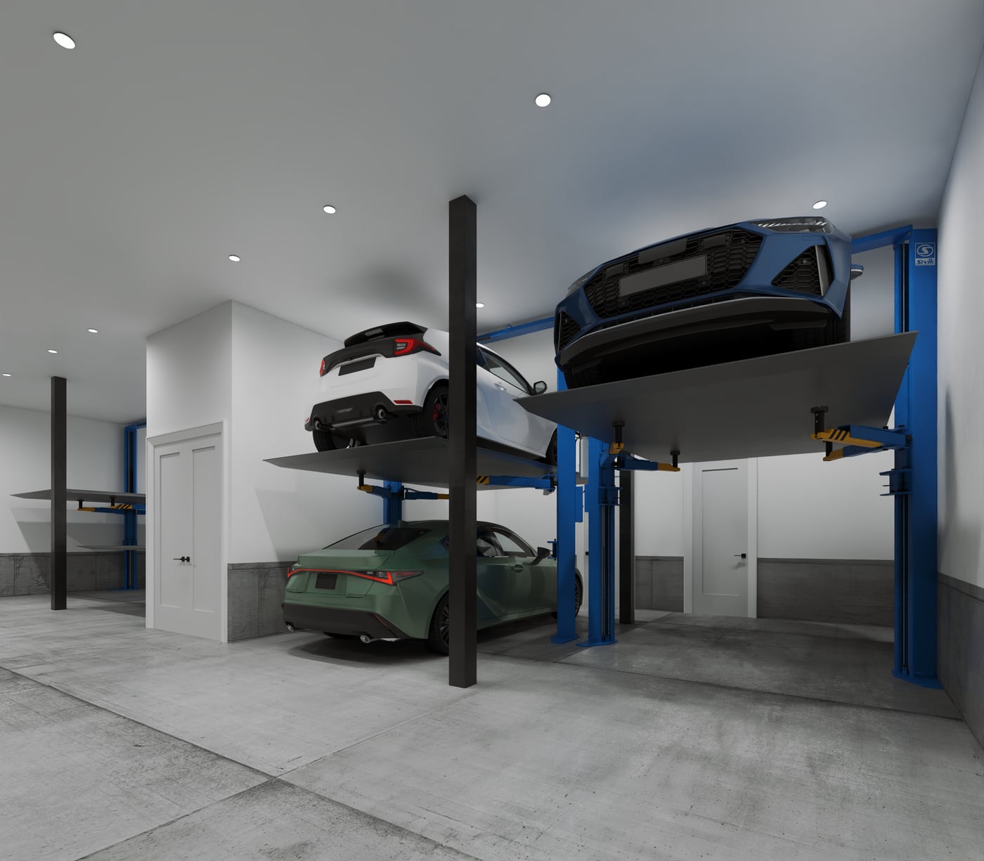 Builder rendering of the in-garage two-car stacker: one vehicle raised on a hydraulic platform above a second vehicle parked below