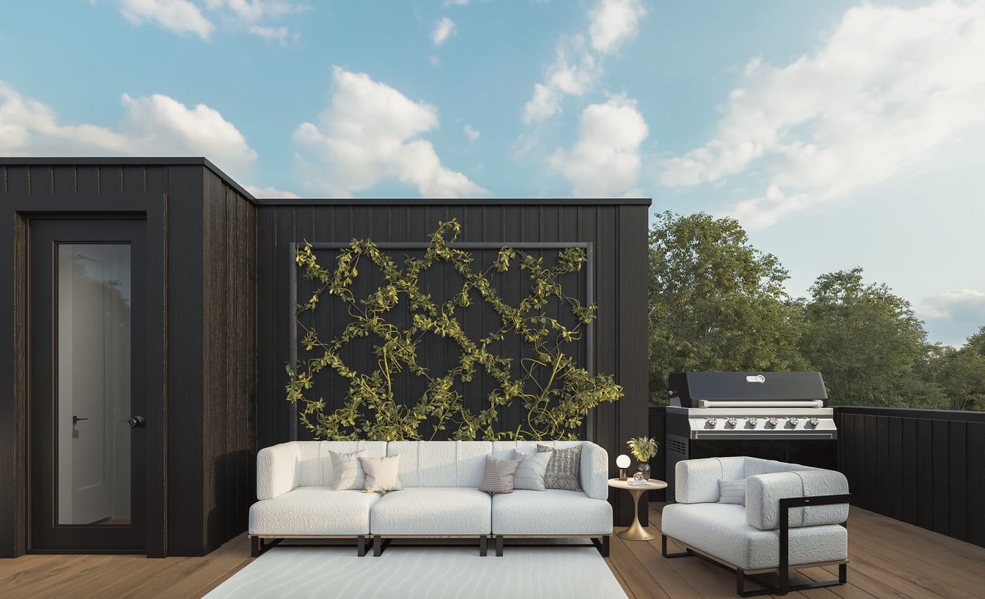 Private rooftop terrace rendering with outdoor seating, privacy screen and built-in gas barbecue