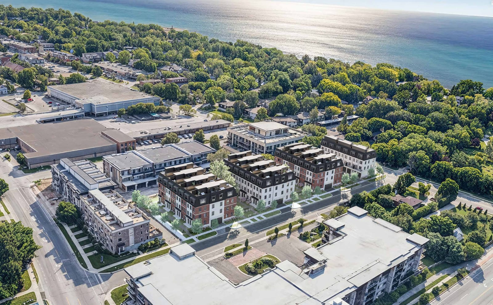 Aerial site plan rendering of the Kerr Village Towns community showing the arrangement of blocks