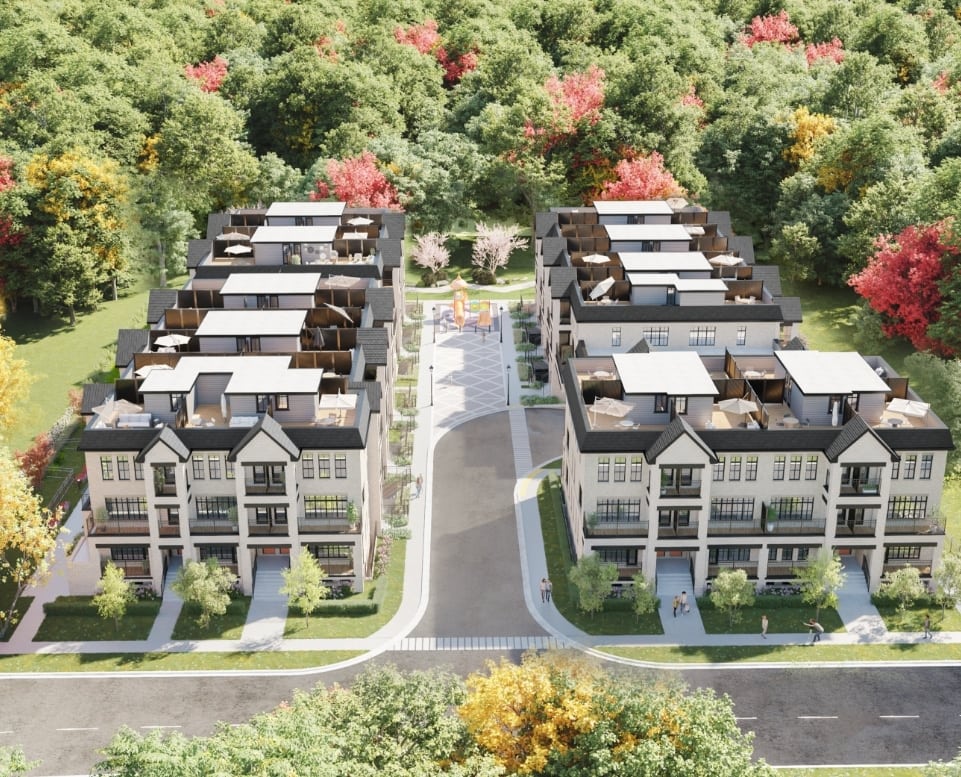 Aerial rendering of OG Urban Towns — four low-rise blocks of stacked townhomes with private rooftop terraces