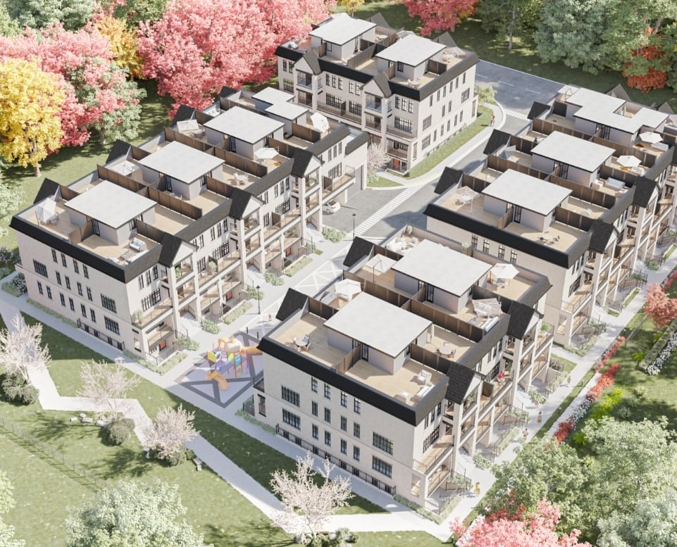 Aerial rendering of the full OG Urban Towns site showing four blocks arranged around a landscaped central courtyard with a playground