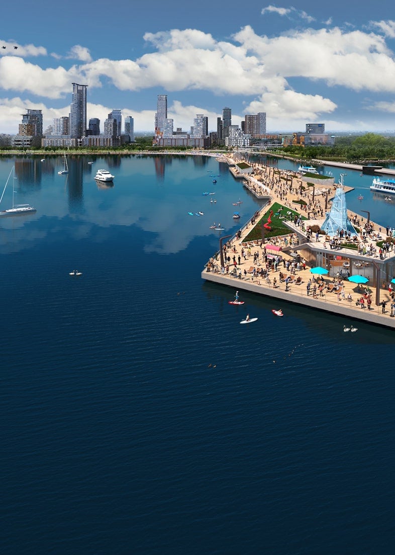 The revitalized one-kilometre pier at Lakeview Village extending into Lake Ontario