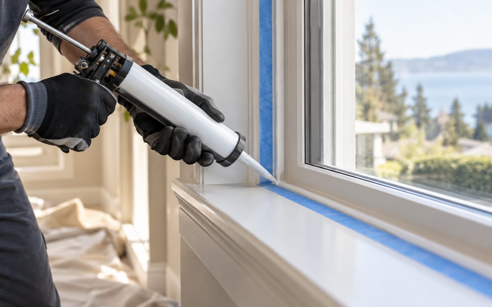 A gloved hand running an even bead of sealant along a window perimeter between crisp lines of masking tape