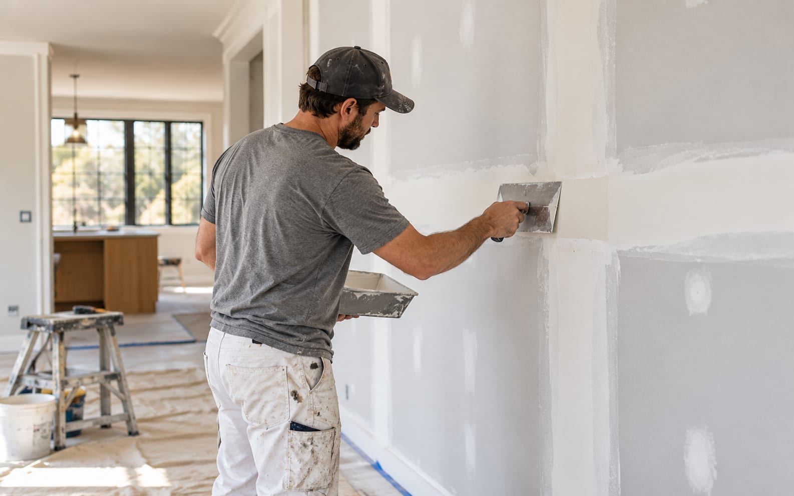 A finisher skim-coating a taped drywall seam with a wide knife, mud pan in hand