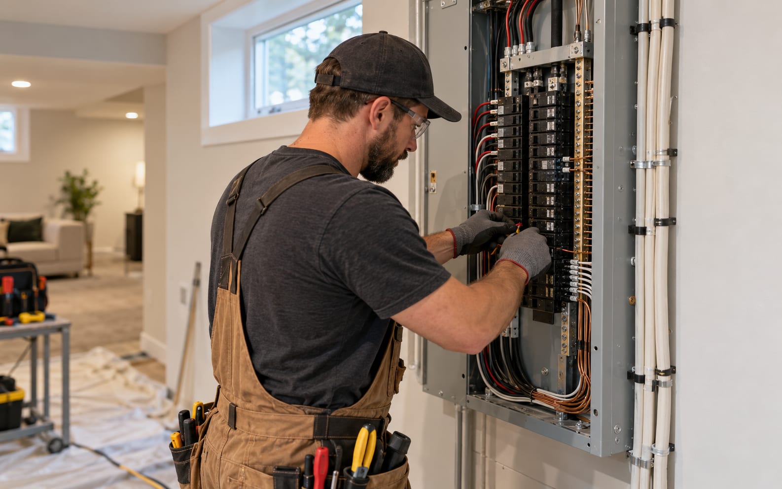 An electrician terminating conductors inside an open residential breaker panel on a finished basement wall