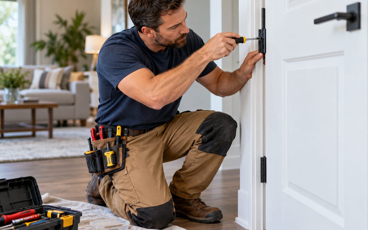 A carpenter fixing a hinge to an interior door jamb, lever handle already fitted