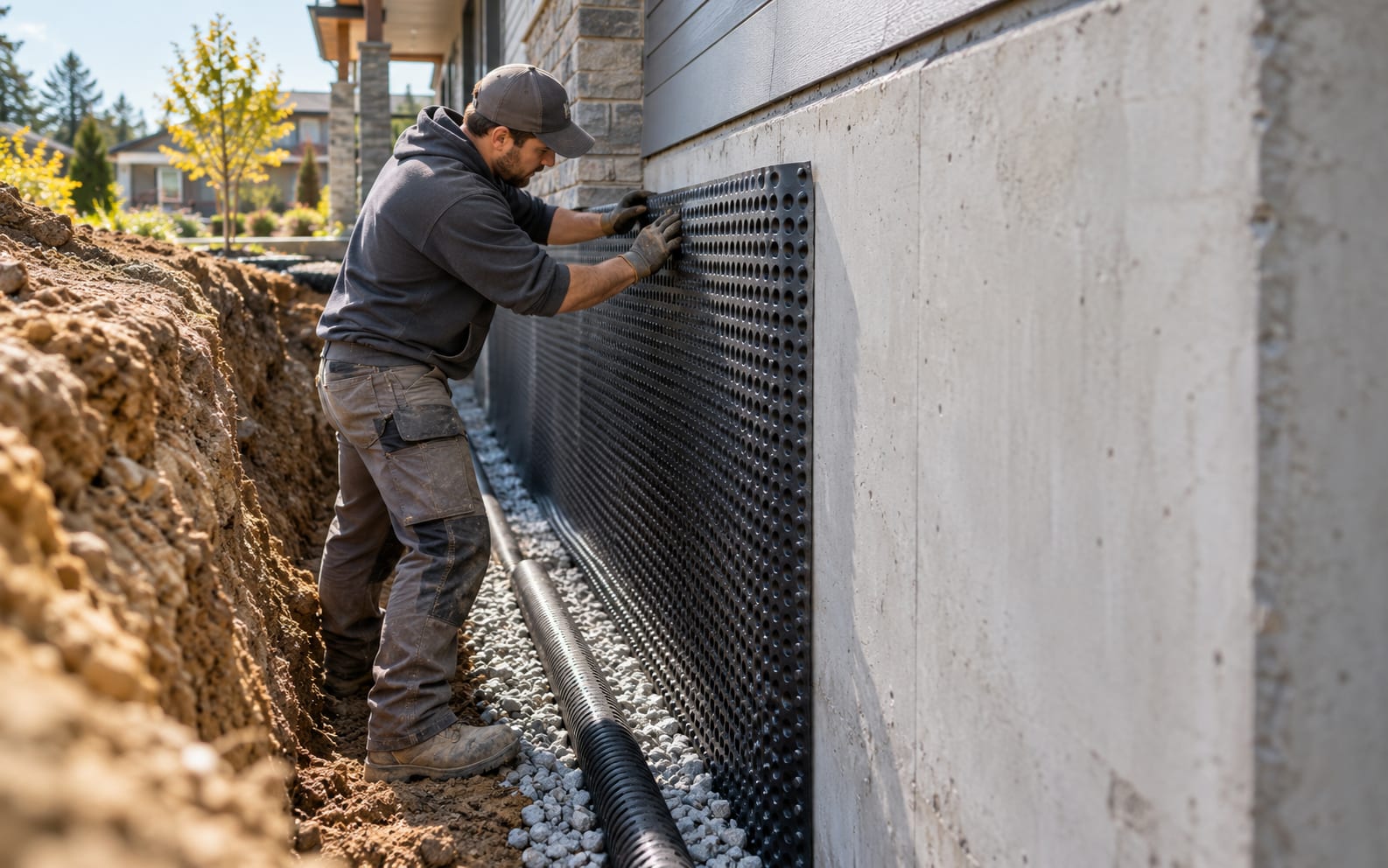 Dimpled drainage membrane being applied to a poured concrete foundation wall, with new weeping tile bedded in clear stone