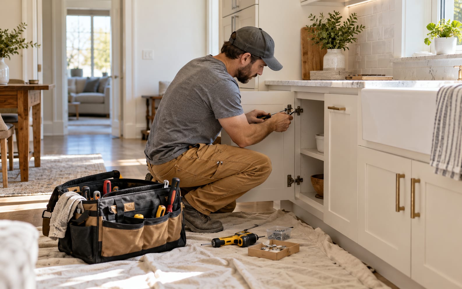 A handyman adjusting a kitchen cabinet hinge, tool bag open on a drop sheet beside a tray of hardware