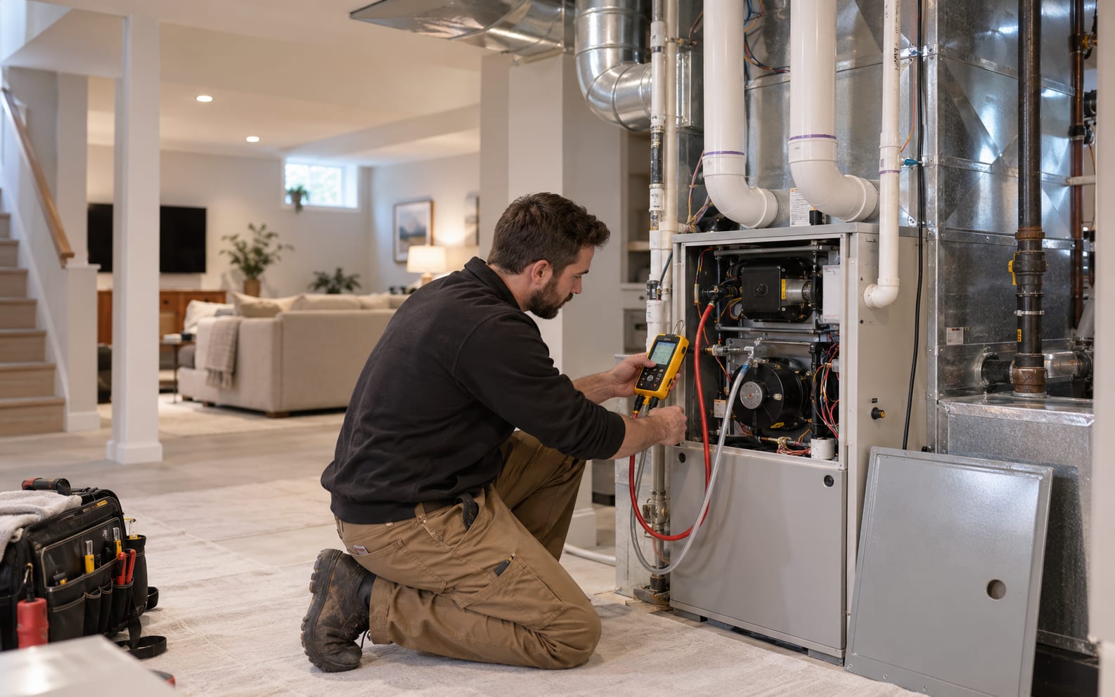 A technician checking a high-efficiency forced-air furnace in a finished basement with the access panel off
