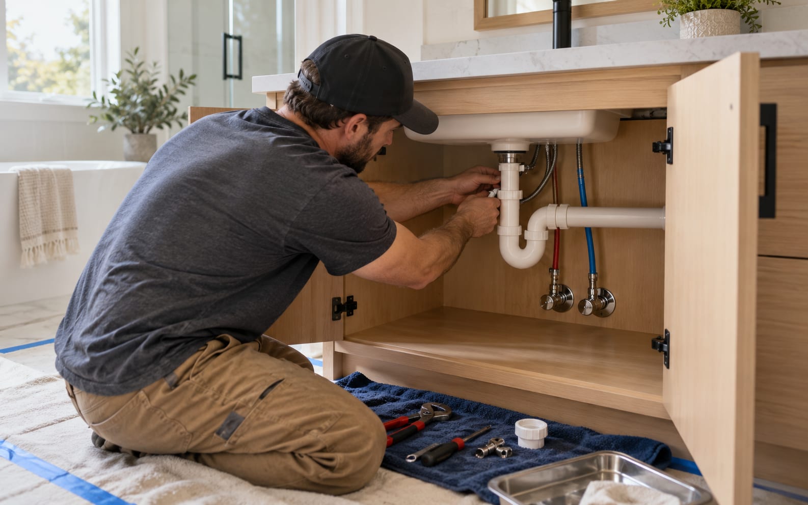A plumber connecting the P-trap and supply lines under a new bathroom vanity