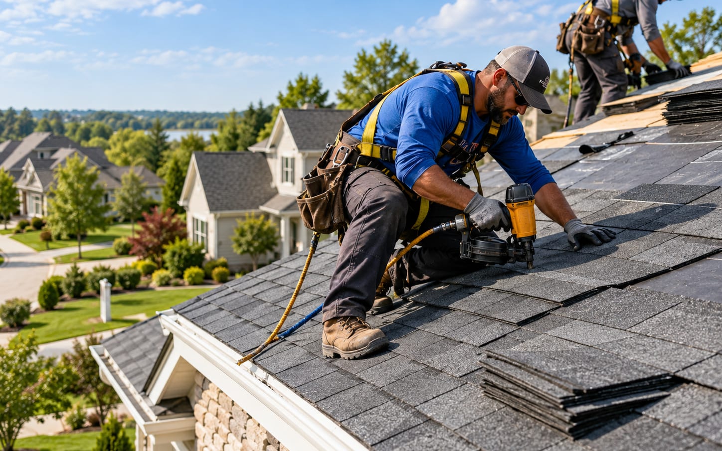 A harnessed roofer fixing asphalt shingles with a coil nailer above a suburban street